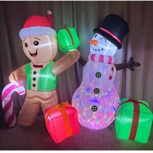 🆕6FT Christmas Inflatable Gingerbread Snowman Gift Box Outdoor Decoration